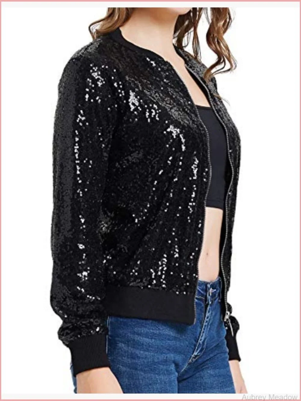Sequin Bomber Jacket with Pockets Long Sleeve Zip Front Party Blazer S-2XL